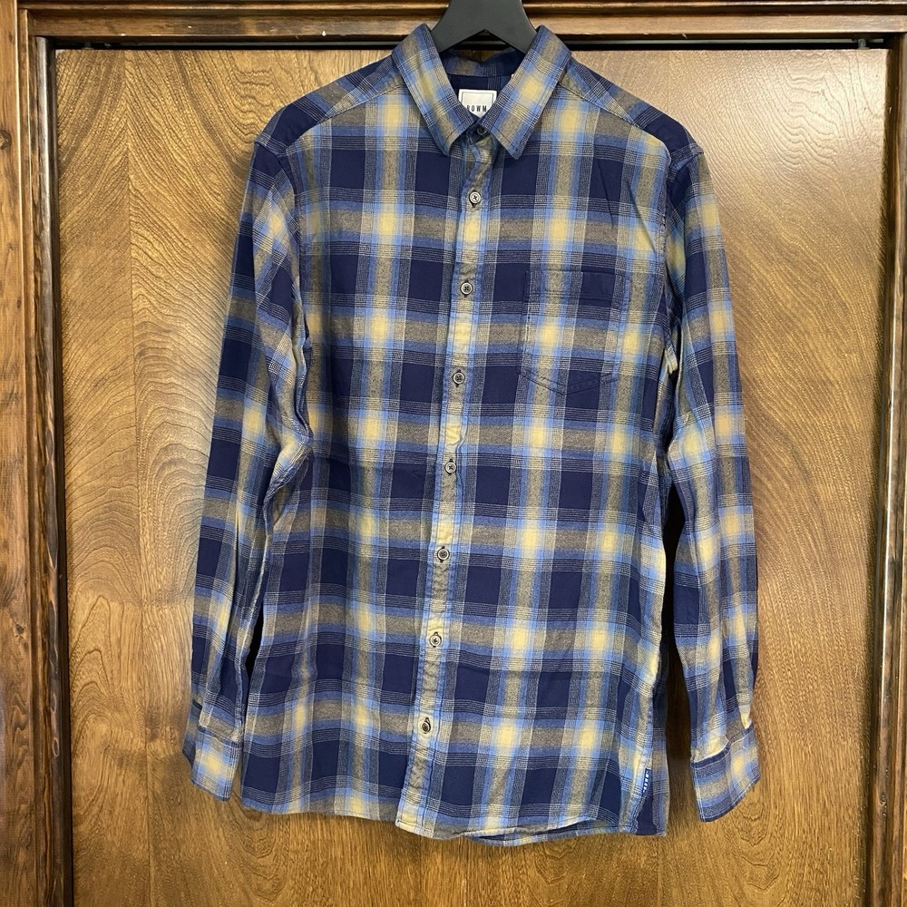 ROWM Large Tall Men's Blue Yellow Plaid Long Sleeve Button Up Shirt 100% Cotton